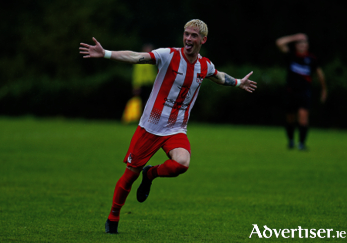 Dylan Jinks celebrates scoring Monksland United’s second goal against Mullingar Town in Sundays CCFL clash at Cushla Park.Dylan Jinks netted a hatrick for Monksland United in their 4-1 defeat of St Peters on Sunday last.