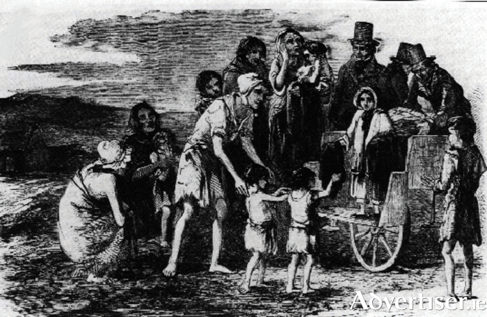 Starving Irish peasants beg relief from a passing ‘car’ in Connemara, during the 1820s.  
