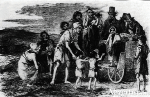 Starving Irish peasants beg relief from a passing &lsquo;car&rsquo; in Connemara, during the 1820s.  
