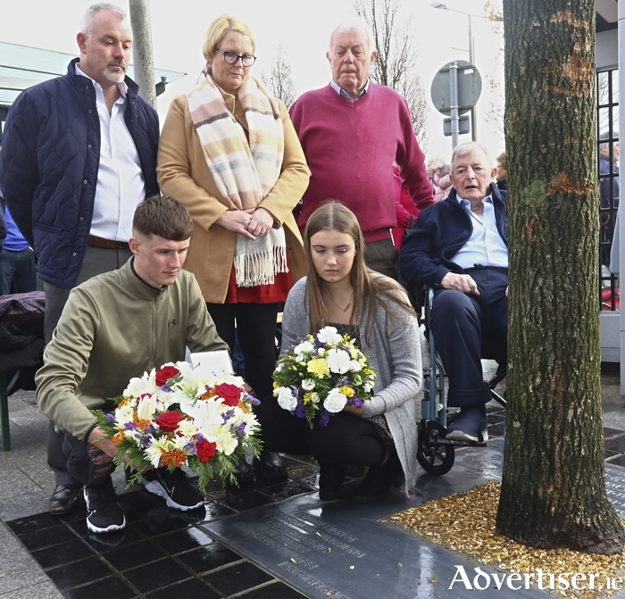 Damien (left) the son of Eileen Costello O’Shaughnessy with his wife Jennifer, son Dillon, daughter Kayleigh, his father Thomas O’Shaughnessy and uncle Martin Costello at the unveiling of a plaque in memory of Eileen Costello O Shaughnessy on Wednesday. Photo:- Mike Shaughnessy