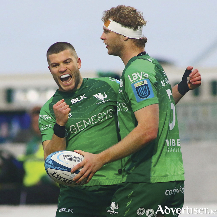 Connacht's Niall Murray is congratulated by Diarmuid Kilgallen after he scored the opening try against Benetton in action from the BKT United Rugby Championship game at the Sportsground on Saturday. Photo:- Mike Shaughnessy 