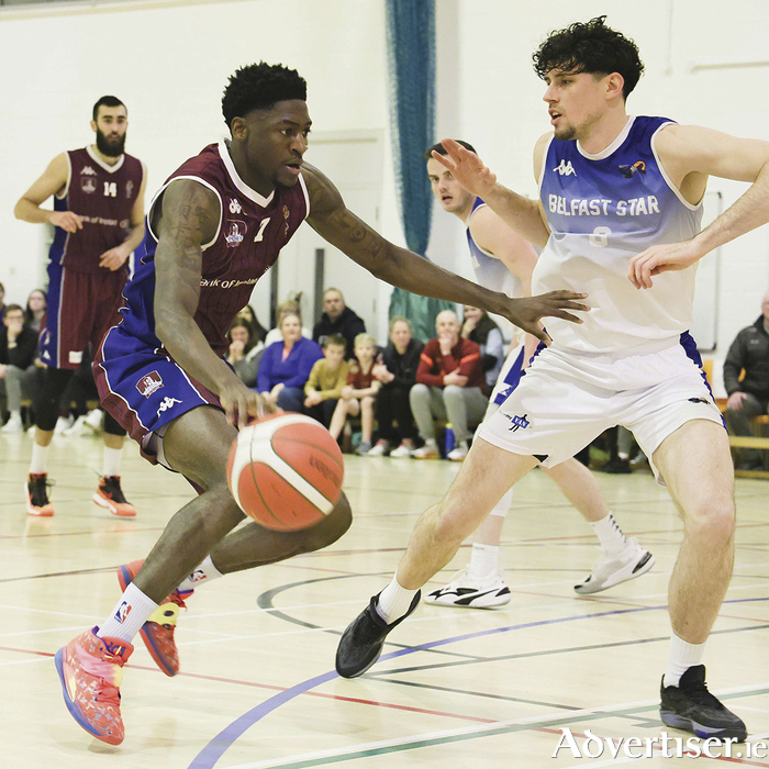 University of Galway Maree's Joe Junior Mvuezolo and Belfast Star's Max Richardson in action from the InsureMyHouse.ie National Cup quarter final game at  Calasanctius College, Oranmor on Saturday. Photo: Mike Shaughnessy