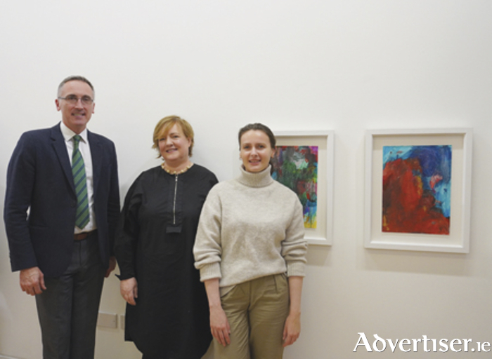 Attending the opening of the Westmeath Artists’ Awards marking the 10 year anniversary of Luan Gallery were Cllr Aengus O’ Rourke, Cathoirleach, Westmeath County Council, Sarah Searson, Guest Curator and Director of the Dock, Carrick on Shannon, Overall Award Winner, Olena Karpenko standing beside her work, ‘Tera Paterna’ series, a reflection on the theme of the war in Ukraine, her home country.
