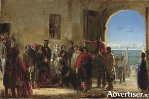 Receiving the Wounded at Scutari - painted by Gerry Barrett between 1856-1858, after his personal visit to the hospital. Florence Nightingale is in the centre, and to her right is a Mercy Sister, Mary Clare (Georgina Moore). The artist painted each face as they were, and named them. That&rsquo;s him looking out the window. 