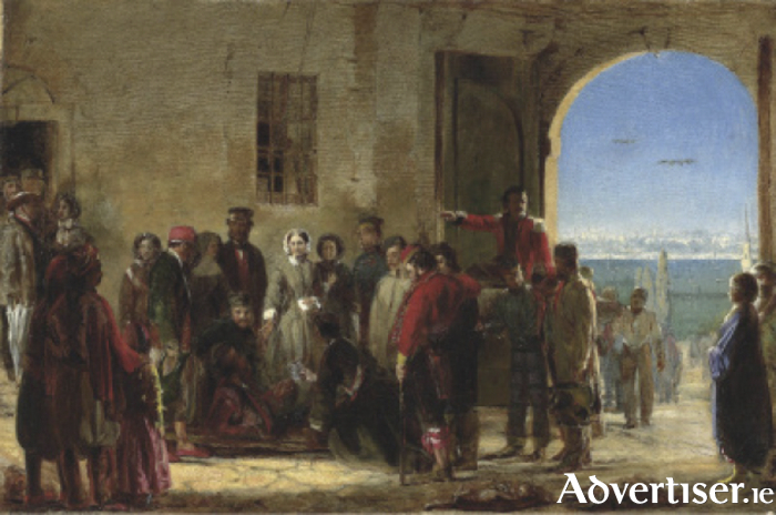  Receiving the Wounded at Scutari - painted by Gerry Barrett between 1856-1858, after his personal visit to the hospital. Florence Nightingale is in the centre, and to her right is a Mercy Sister, Mary Clare (Georgina Moore). The artist painted each face as they were, and named them. That’s  him looking out the window. 
