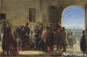  Receiving the Wounded at Scutari - painted by Gerry Barrett between 1856-1858, after his personal visit to the hospital. Florence Nightingale is in the centre, and to her right is a Mercy Sister, Mary Clare (Georgina Moore). The artist painted each face as they were, and named them. That&rsquo;s  him looking out the window. 
