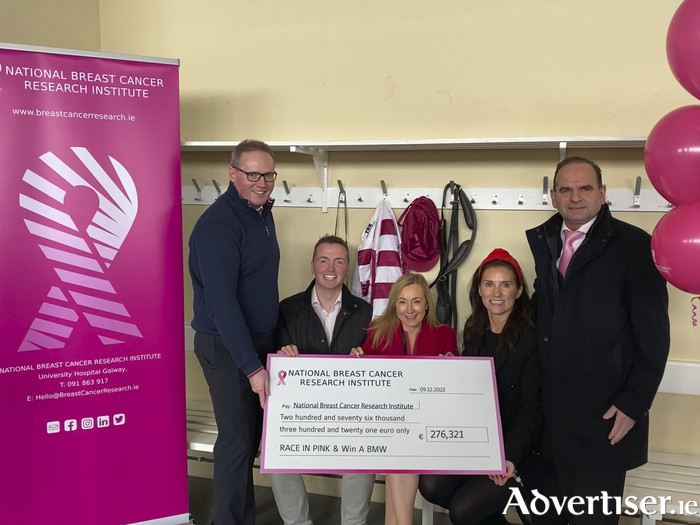 Presenting the cheque to the National Breast Cancer Research Institute: Michael Moloney CEO of Galway Racecourse, Patrick Casey and Caroline Loughnane from The National Breast Cancer Research Institute with Sinéad Cassidy (Galway Races) and Philip Duffy Director of The National Breast Cancer Research Institute. Photo: Robert Latchford