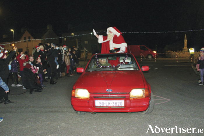 Santa Claus is pictured arriving at the inaugural Ballinahown Christmas Market in 2021.  This year’s market takes place on Wednesday, December 21, from 5pm-8pm