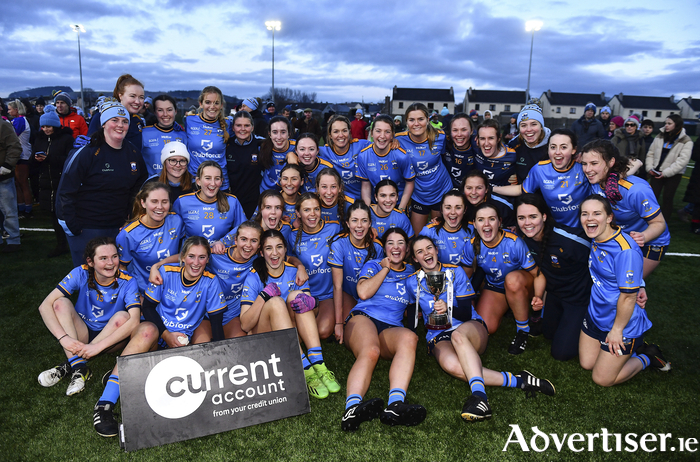 17 December 2022; Salthill-Knocknacarra players celebrate with the cup after the 2022 currentaccount.ie LGFA All-Ireland Junior Club Football Championship Final match between Naomh Ab?n of Cork and Salthill-Knocknacarra of Galway at Fethard Town Park in Fethard, Tipperary.