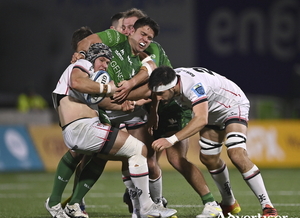 Luke Marshall of Ulster is tackled by Dave Heffernan of Connacht during the United Rugby Championship match between Connacht and Ulster at The Sportsground in Galway. 
