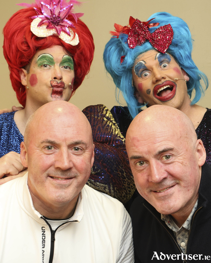 Declan J Gardiner as Gorgonzola and David Booth as Fromaggio with producers Brian and Sean Power  backstage at the Renmore Pantomime, Cinderella in the Town Hall Theatre on Monday night. 
Photo:- Mike Shaughnessy