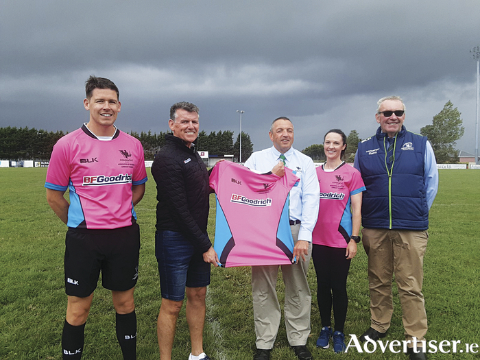 At the Connacht Rugby sponsorship launch, left to right: Andy Fogarty, ARCB Referee; Michael Goode, B2C country manager for BFGoodrich; Christy O'Sullivan, president of the Association of Referees Connacht Branch;  Siobhan Daly, ARCB referee, and Padraig Moran, Connacht Rugby president.