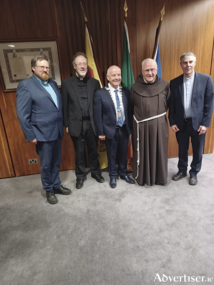 Pictured at the recently hosted Address of Recognition for the Athlone Franciscan Friars were, l-r, Reverend Nigel (Athlone Methodist Church), Fr Pat Murphy (St. Mary’s Parish), Cllr Frankie Keena, Fr Ulic (Franciscan Friars), Reverend William Steacy (St Mary’s Church of Ireland, Athlone)