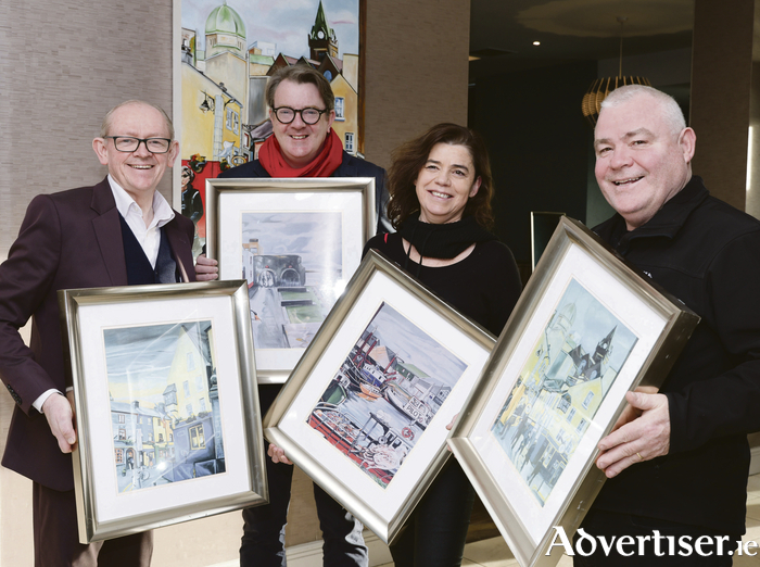 Jurys Inn has donated 60 sets of four framed prints of iconic Galway scenes originally painted by Margaret Nolan. The sets are for sale for €150 with all proceeds going towards Claddagh Watch waterway patrols and Lets Get Talking.  Pictured with a set of the limited editions are Tom O’Dwyer , General Manager Jurys Inn, Niall Mc Nelis Lets Get Talking, Margaret Nolan and Arthur Carr Claddagh Watch. 
Photo:- Mike Shaughnessy