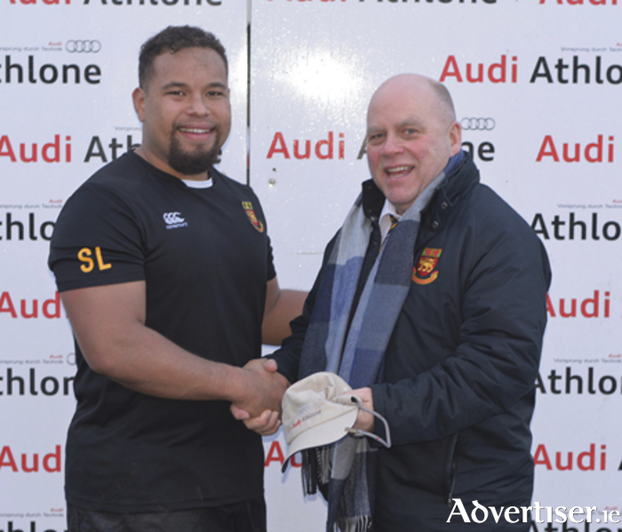 Buccaneer’s hooker, Steveni Lombard is presented with the AUDI ATHLONE ‘Man of the Match’ by club president, Billy McMickan, following the Pirates two point win over Naas at the weekend