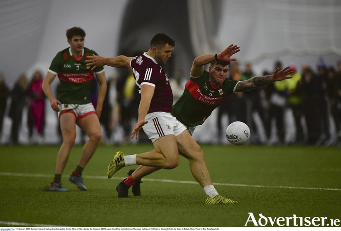 Damien Comer in action against Jordan Flynn of Mayo during the recent Connacht FBD League Semi-Final match between Mayo and Galway at NUI Galway Connacht GAA Air Dome in Bekan, Mayo. 
