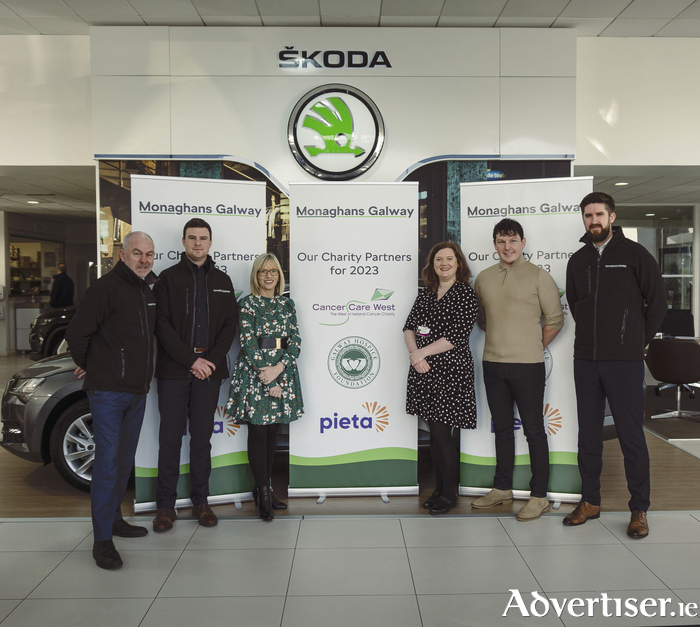 L-R Tom Palmer (General Manager, Monaghans Galway), Jason Kyne (Sales Manager, Monaghans Galway), Charlene Hurley(Galway Hospice), Orla Cunniffe (Cancer Care West), Joe Burke (Pieta House), Joseph Monaghan (Financial Controller, Monaghans Galway).