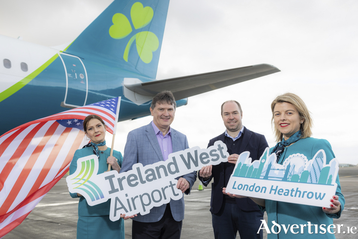 Pictured at the launch of the new daily service to London Heathrow from Ireland West Airport with Aer Lingus were, Left to right, Marina Casadidio, Aer Lingus, Joe Gilmore, Ireland West Airport, Reid Moody, Aer Lingus & Orlaith O’Hagan, Aer Lingus

