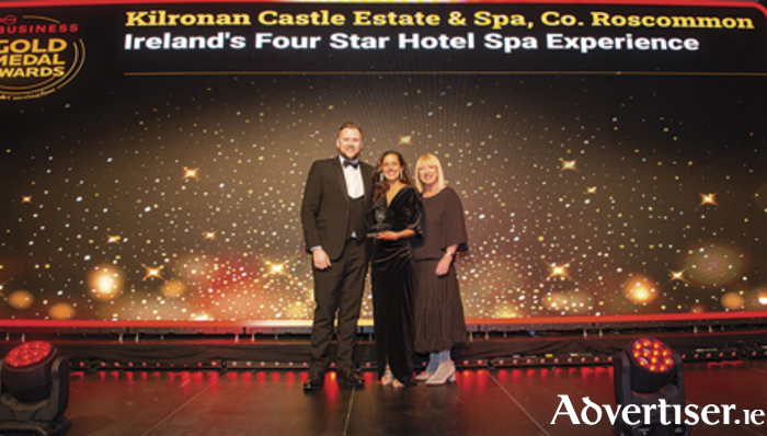 Andrew McGovern, Kilronan Castle Esate & Spa General Manager and Rachael Dougal, Kilronan Castle Estate Spa Manager, are pictured with presenter, Anne Doyle, at the Gold Medal awards ceremony 