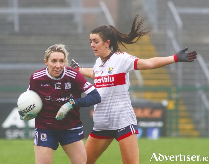 Galway's Megan Glyn and Cork's Erika O'Shea in action from the Lidl LGFA League game at Pearse Stadium on Sunday. Photo:- Mike Shaughnessy 