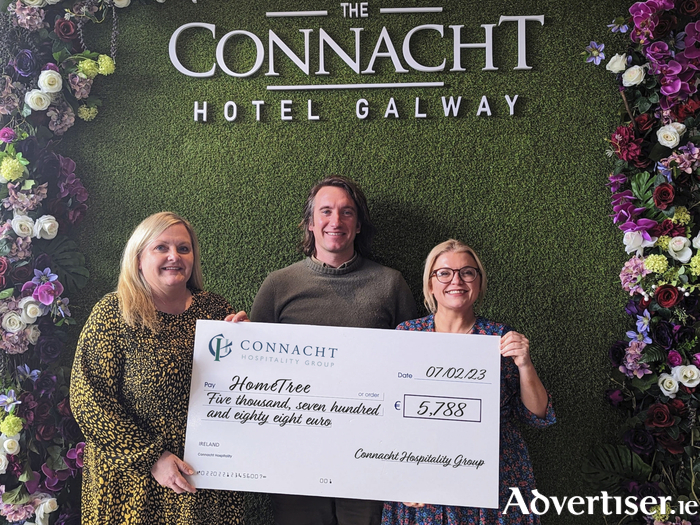 From left: Sarah Comer, Group Commercial manager, The Connacht Hotel, Matt Smith, CEO of Hometree, and Eveanna Ryan Group Marketing and Innovation Manager, Connacht Hospitality Group, at the presentation of a cheque for €5,778, raised by The Connacht Hotel for Hometree's Wild Atlantic Rainforest project.