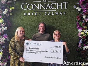 From left: Sarah Comer, Group Commercial manager, The Connacht Hotel, Matt Smith, CEO of Hometree, and Eveanna Ryan Group Marketing and Innovation Manager, Connacht Hospitality Group, at the presentation of a cheque for &euro;5,778, raised by The Connacht Hotel for Hometree&#039;s Wild Atlantic Rainforest project.