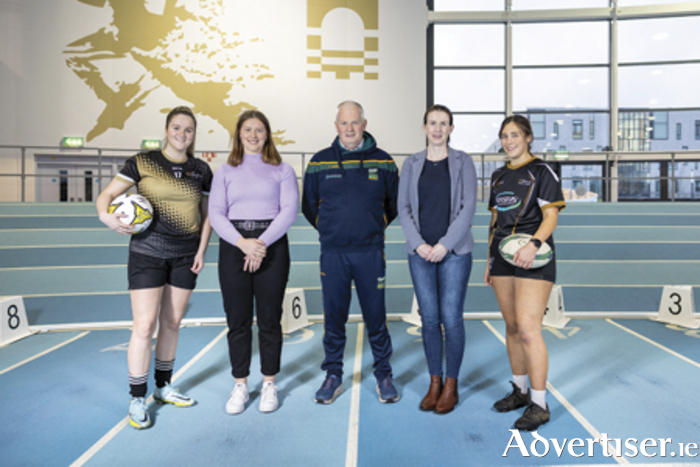 Pictured, l-r, Kelsey Munroe, student, TUS; Niamh Forgarty, PhD candidate, TUS; Eamonn Henry, Offaly Sports Partnership, Dr Niamh Ní Chéilleachair, SHE Research, TUS; Susie Burzawa, student, TUS. Photo: Nathan Cafolla. 