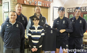 Corinthians sponsorship: Coach Alasdair Conway, coach Brian Gaughan, Conan Campbell from Medtec Well and his daughter Calee Campbell with U18.5 captain Jack Conway and coach Sean Gerrity.