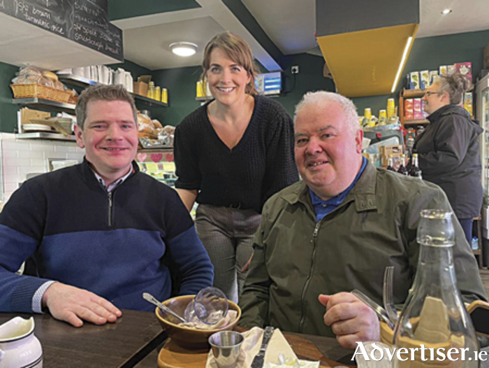 Local Fine Gael Councillor, John Dolan, is pictured with Minister of State, Deputy Peter Burke and Bastion Kitchen proprietor, Ann Sheehy