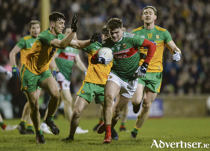 On the charge: Jordan Flynn in action for Mayo in their last trip to Donegal back in 2020. Photo: Sportsfile 