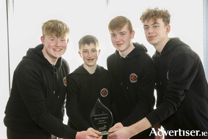 Jack Losty, Diarmuid O'Fathaigh, Adam Diskin and Sean Hill from Gort Community School were named the senior winners of the Galway County Student Enterprise Awards and will represent Galway at the National Finals in May. Photo: Martina Regan