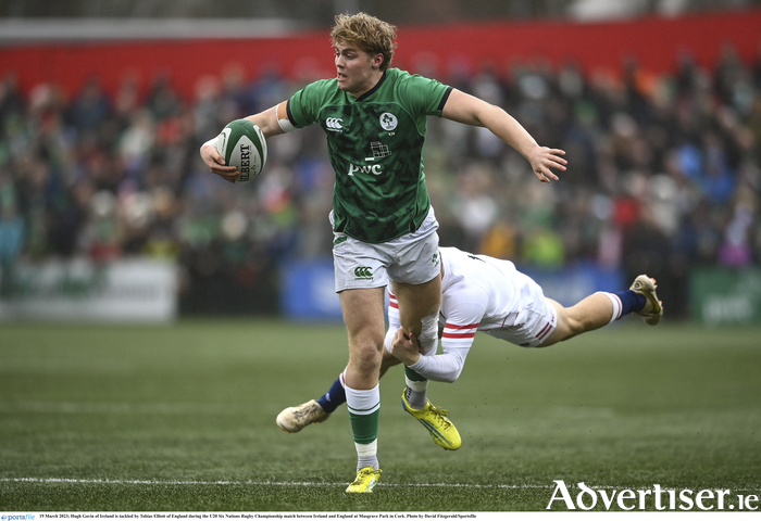Ireland's Hugh Gavin of Ireland is tackled by Tobias Elliott of England during the U20 Six Nations Rugby Championship match between Ireland and England at Musgrave Park in Cork. 
Photo by David Fitzgerald/Sportsfile