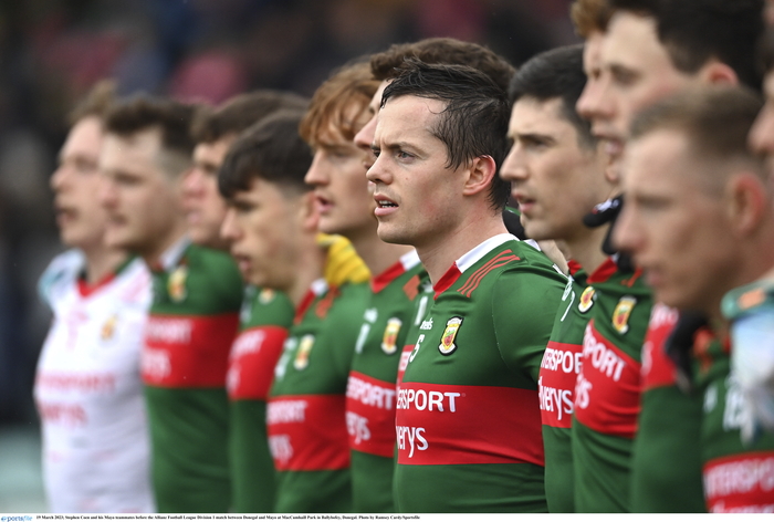 Mayo are moving: Stephen Coen and his Mayo teammates before last weekends game against Donegal. Photo: Sportsfile 