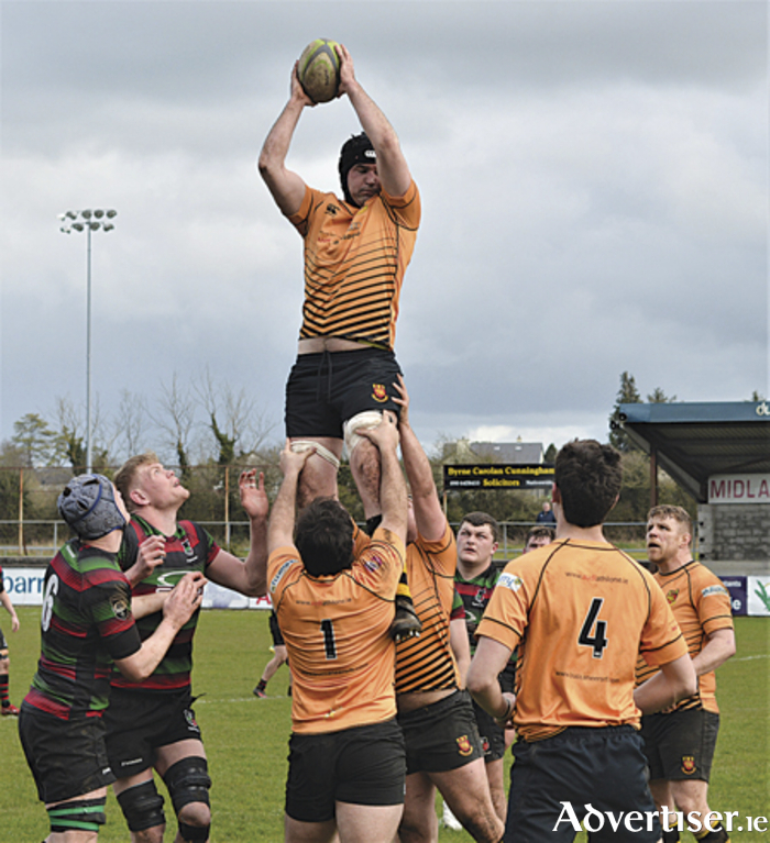 Danny Qualter rises highest to claim a lineout for Buccaneers during the AIL Division 1B contest with Highfield in Dubarry Park
