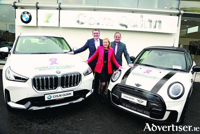 Attending the launch of Win A BMW in aid of the National Breast Cancer Research Institute  which this year has the second prize of a MINI Cooper Sport were, Colm Quinn of Colm Quinn BMW, Caroline Loughnane, Chairperson National Breast Cancer Research Institute and Phillip Duffy charity Director and National Coordinator of ‘Win a BMW’. 