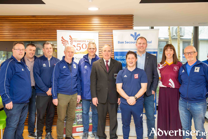 Pictured above are the committee of Renmore AFC as they recently began their 50th year celebrations with a launch of the events that will be happening over the coming months to mark this special occasion for the club.  The Bon Secours, Galway hosted the event which further developed the relationship between the health care facility and the club with the Bon Secours recently becoming the main sponsor of the Renmore AFC Academy. There were many from the club present on the evening representing the Academy, the underage teams, the senior teams and the women’s social soccer group. The Committee would like to thank all that attended on the evening including, Cllr Terry O’ Flaherty and CLLr Alan Cheevers for their attendance at the launch. They joined Club Chairman Michael Crowe in the celebrations. The club would also like to thank Geraldine Treacy (GFA Secretary) for coming along to the event along with Jason Craughwell from Galway Sports Partnership, who has been a great support to the lady’s social soccer group was also in attendance. 