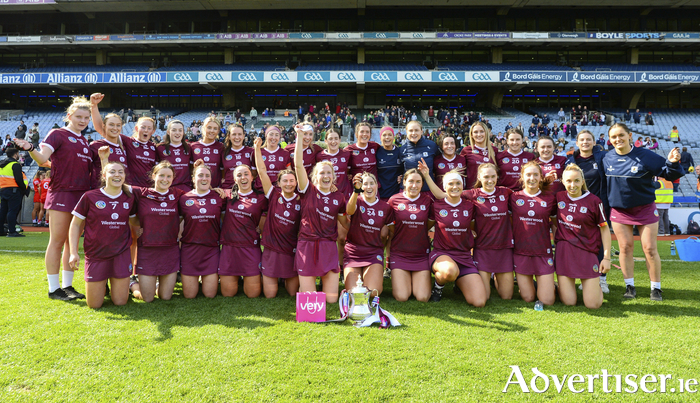 The Galway team celebrate at the conclusion of the 2023 VERY Camogie Leagues Division 1A Final at Croke Park