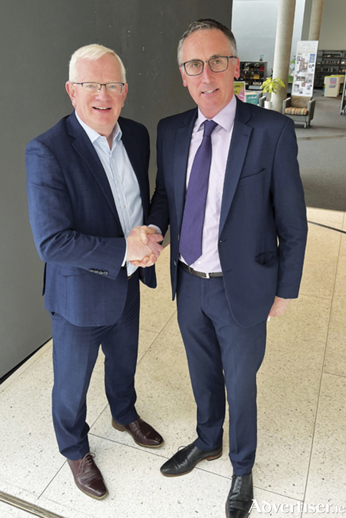 Westmeath County Council Cathaoirleach, Cllr Aengus O'Rourke, is pictured with TUS President, Mr Vincent Cunnane, following their discussions relating to the future development of the Old Tech Building on Northgate Street