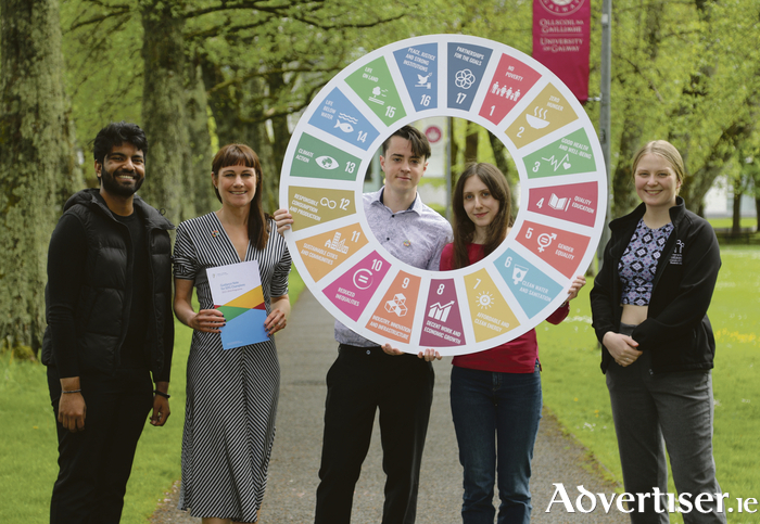 Attending the announcement of the University of Galway SDG Champion status were Sai Gujulla, Students’ Union President, Michelle O’Dowd Lohan, Community and University Sustainability Officer, Adam Mullins and Ciara Varley, Student Sustainability Leadership Award Winners 2023, and Malena Thren, Students’ Union Sustainability Officer. Credit - Aengus McMahon.