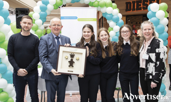 Moate CS students, Niamh Noone, Doireann Keena and Lucy Keane will represent Westmeath with their project ‘You Rock’ at the  National Final of Student Enterprise Programme which takes place in Croke Park tomorrow, May 5. They are pictured with Mark Connaughton, Pat Gallagher, Chief Executive of Westmeath Country Council and Catriona Duffy of LEO Westmeath, following their regional success