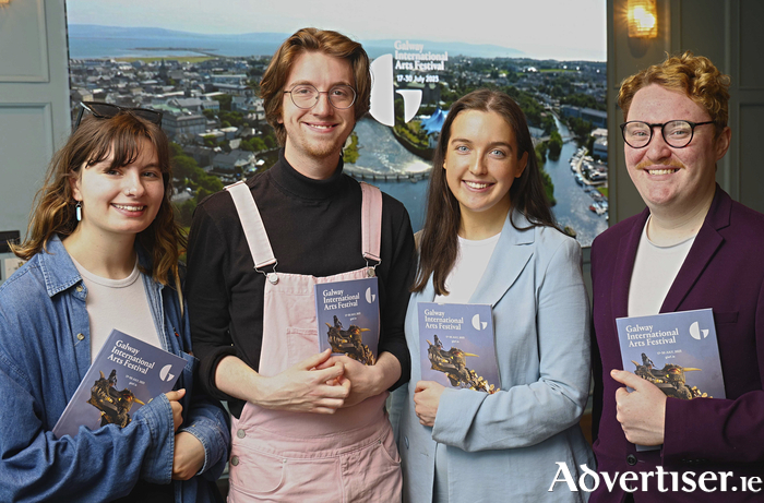 University of Galway students Lucy Bermingham, James Boylan, Tara Mackin and Adam O'Connor  at a  reception to celebrate the launch of the Galway International Arts Festival 2023 Programme in The Blue Room, The Dean Galway on Tuesday. Photo:- Mike Shaughnessy 
