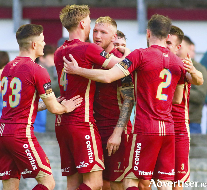  Galway United teammates celebrate Stephen Walsh's goal against Wexford FC in action from the SSE Airtricity League game at Eamonn Deacy Park on Friday night. Photo:- Mike Shaughnessy 