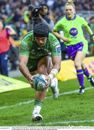 Try scorer: Byron Ralston of Connacht set to score in the United Rugby Championship semi-final between Stormers and Connacht at DHL Stadium in Cape Town, South Africa. Photo by Ashley Vlotman/Sportsfile