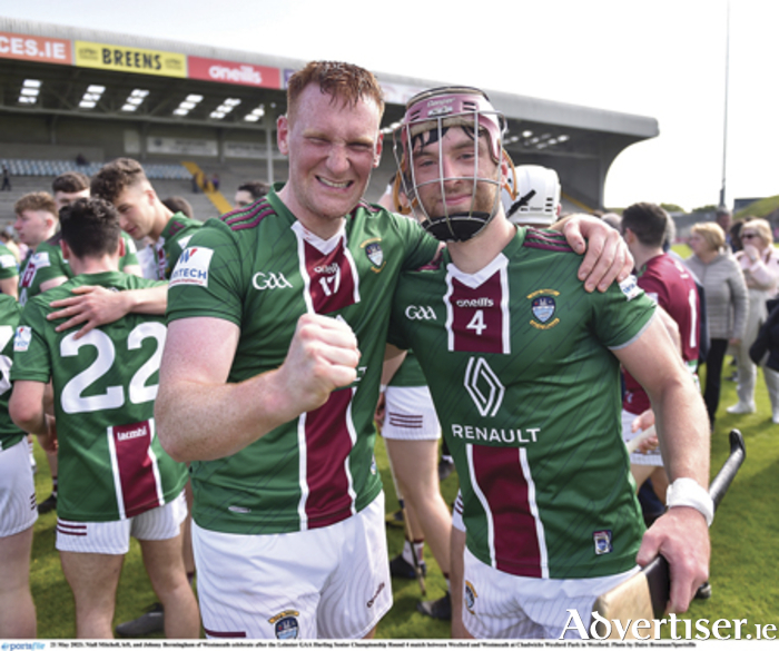 Jubilant Westmeath players, Niall Mitchell, left, and Johnny Bermingham, celebrate the Lake County’s remarkable success over Wexford in the Leinster senior hurling championship round four fixture at Chadwicks Wexford Park on Sunday. 
Photo by Daire Brennan/Sportsfile