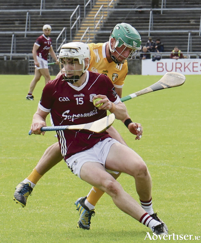 Galway's Declan McLoughlin and Antrim's Paul Boyle
 in action from the Leinster Senior Hurling Championship game at Pearse Stadium on Sunday. 
Photo:- Mike Shaughnessy 
