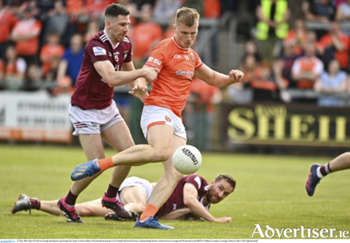 Garrycastle clubman, James Dolan and Caulry counterpart, Kevin Maguire, exert pressure on Armagh’s Rian O’Neill during Westmeath’s one point defeat to the Orchard County in the All-Ireland senior championship fixture played at the BOX-IT Athletic Grounds. 
Photo by Oliver McVeigh/Sportsfile