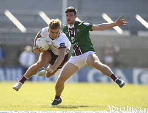 Cian Hernon of Galway in action against Jack Smith of Westmeath during the GAA Football All-Ireland Senior Championship Round 2 match between Westmeath and Galway at TEG Cusack Park in Mullingar, Westmeath. Photo by Matt Browne/Sportsfile