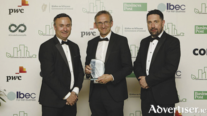 Pictured at the Sustainability awards ceremony were, l-r, David McGee of PwC, Rory Leahy, Chief Safety and Sustainability Officer, Bus Éireann and Daniel McConnell, editor of the Business Post.
