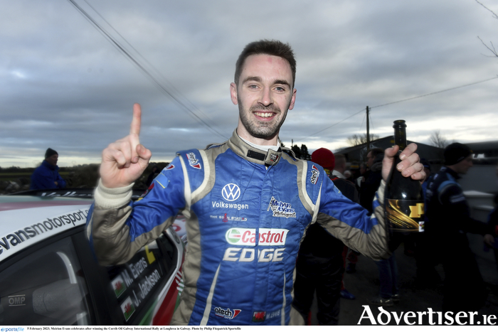Meirion Evans celebrates after winning the Corrib Oil Galway International Rally at Loughrea in Galway. 
Photo by Philip Fitzpatrick/Sportsfile