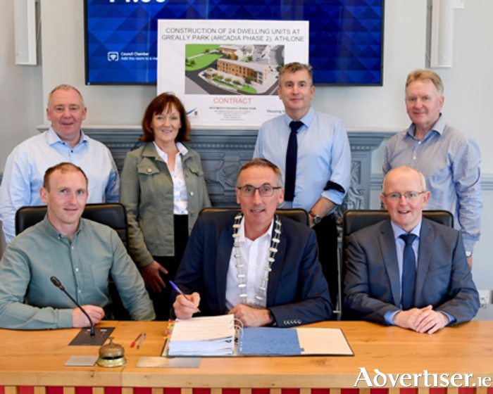 Pictured at the contract signing were back row, l-r, Mark Keaveney, Director of Services, Westmeath County Council, Therese O’Halloran , Project Architect, Westmeath County Council, Paul Hogan, Senior Architect, Westmeath County Council, Michael Gaffney, Clerk of Works, Westmeath County Council.  Front row, l-r, Peter O’ Connell, OCC Construction, Cllr Aengus O’Rourke, Pat Gallagher, Chief Executive, Westmeath County Council